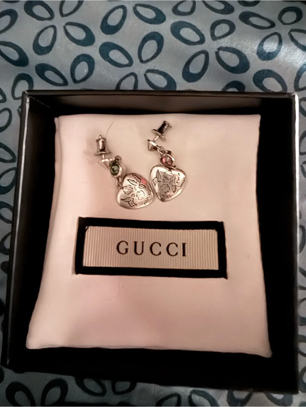 Gucci Silver Heart Drop Earrings with Green and Pink Stones “Blind For Love”